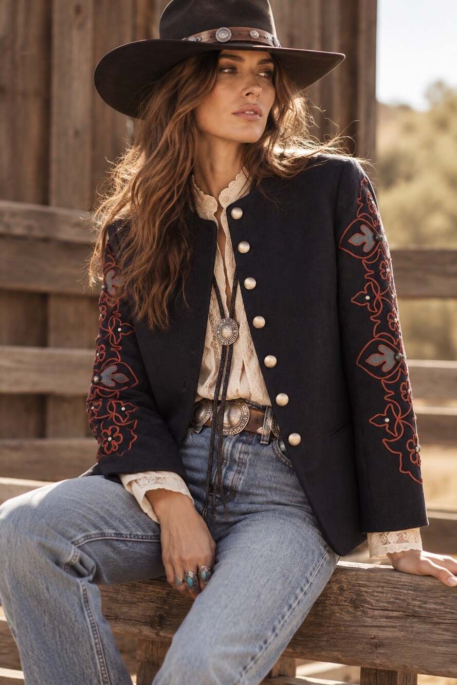 Vintage Double D Ranch Wool Embroidered Western Military Jacket Medium Ranch
